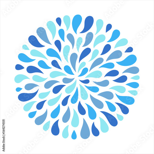 Round shape, circle made of big water drops, hand drawn droplets, raindrops, tears of various size. Radial pattern, border, frame template, aquatic design element. Blue abstract rainy background.