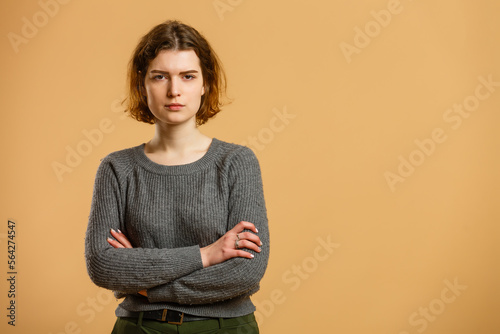 Closeup photo of amazing short hairdo lady looking up empty space deep thinking creative person isolated yellow color background © Angelov