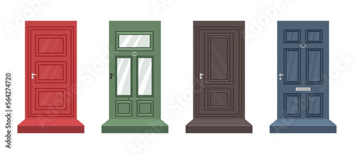 Set of entrance doors in classic and modern style. trendy design. hand drawn. Vector stock illustration. isolated. House exterior. Door lock. Signaling.
