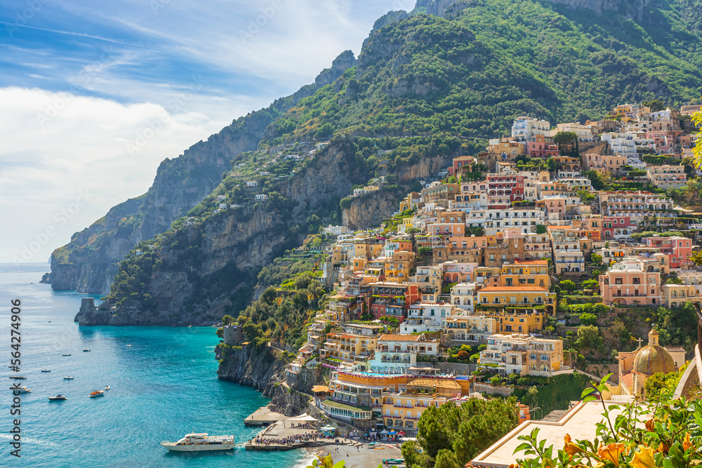 View of Positano town on Amalfi Coast in Campania, Italy with sandy beach and mediterranean sea