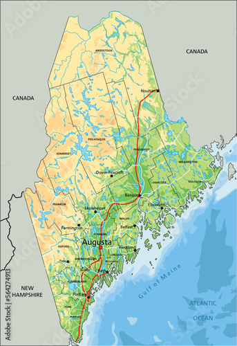 High detailed Maine physical map with labeling.