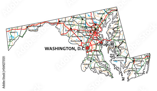 Maryland road and highway map. Vector illustration.