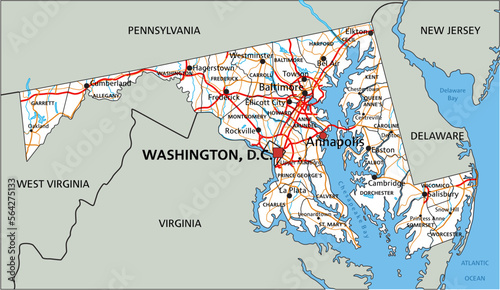 High detailed Maryland road map with labeling.
