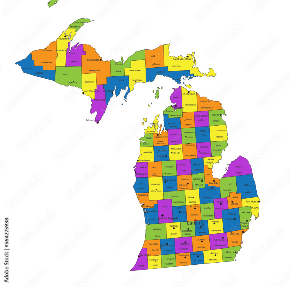 Colorful Michigan political map with clearly labeled, separated layers