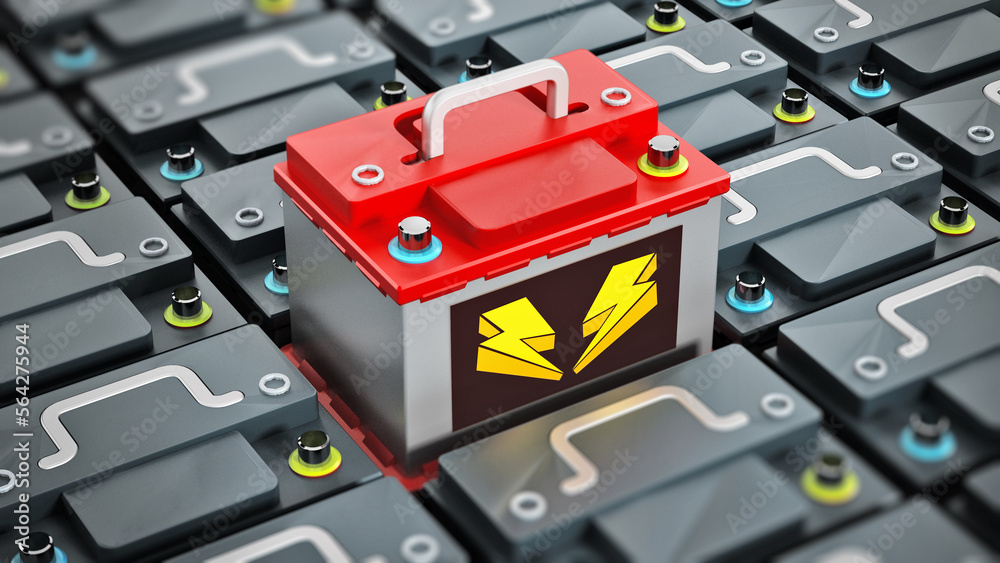 Red battery stands out among regular gray car batteries. 3D illustration Red battery stands out among regular gray car batteries. 3D illustration
