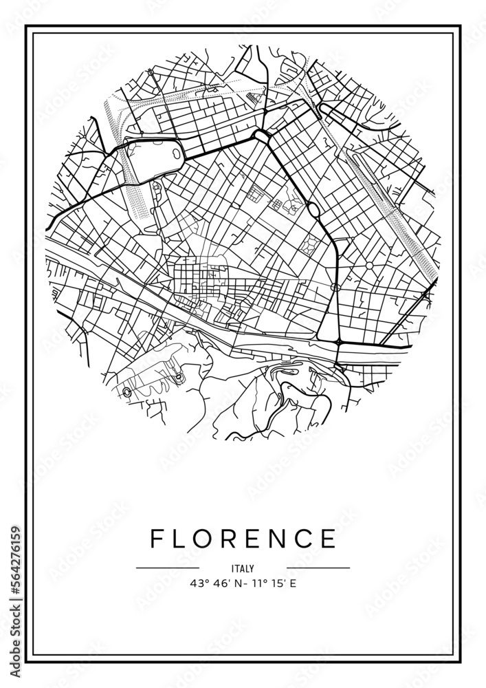 Obraz premium Black and white printable Florence city map, poster design, vector illistration.