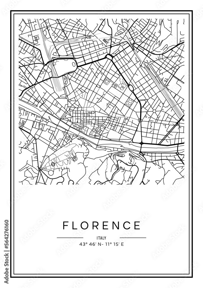 Black and white printable Florence city map, poster design, vector illistration.