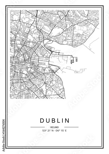 Black and white printable Dublin city map, poster design, vector illustration.