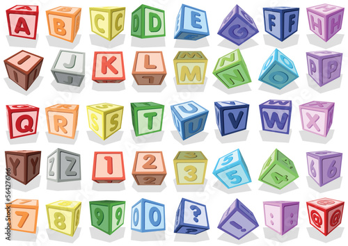 Set of Colorful Three-dimensional Cubes with Capital Letters and Numbers - Illustrations Isolated on White Background, Vector