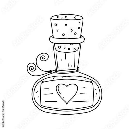 Love elixir in cute bottle in hand drawn doodle style. Happy Valentines Day. Vector illustration of love potion.