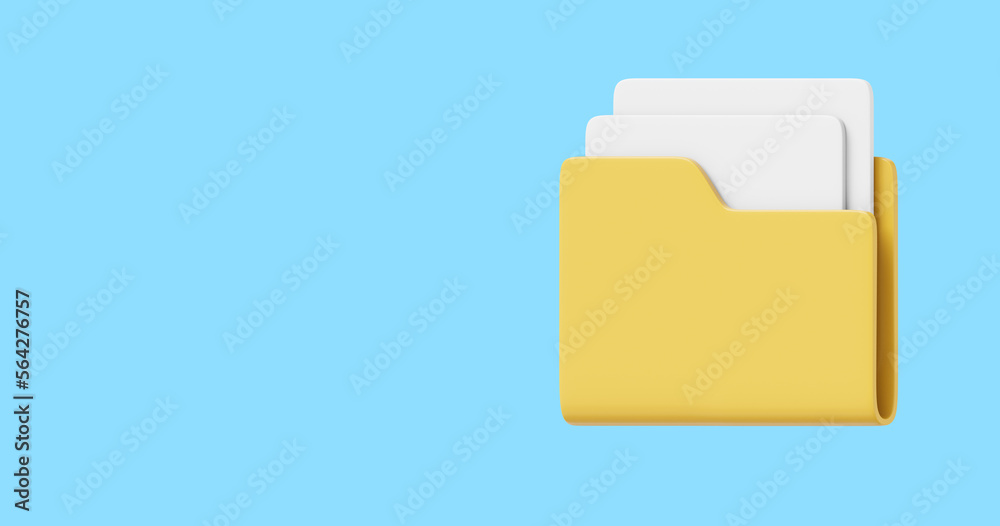 Computer folder with sheets of paper, files, interface element, side view. 3D rendering. Icon on blue background, space for text. Computer folder with sheets of paper, files, interface element, side view. 3D rendering. Icon on blue background, space for text.