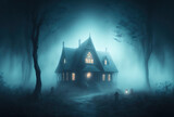 Dwelling of a witch, a sorcerer. Scary old haunted house in the woods. Mystical creepy night fog. 3D rendering. AI generated.