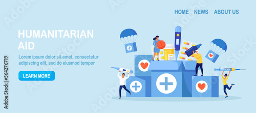 Humanitarian Aid. Voluntary Social Assistance and Support. Volunteers Collecting Food, Medicine for Refugees. People Donating Medications First Aid. Charity, Medicines Donation for Needy Poor People.