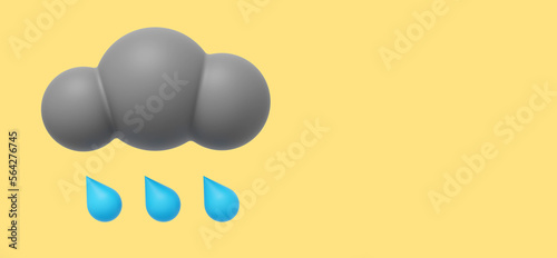 Gray cartoon cloud with rain. 3D rendering. Icon on yellow background, space for text.
