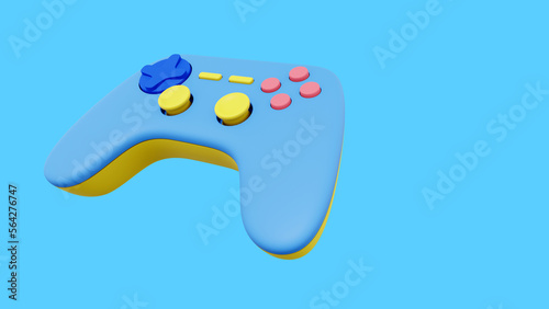 Realistic console game controller. Multicolored icon on blue background with space for text. 3D rendering.