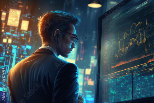 A financial trade manager is carefully analyzing the stock market, examining the data to identify potential opportunities for profitable investments. With their specialized knowledge. generative ai