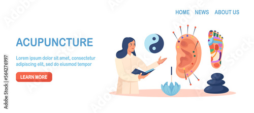 Acupuncture therapy, chinese traditional alternative medicine for disease prevention. Reflex zones of ear, feet, palm hand. Stress relief healing process. Acupuncturist inserting needles in ear points