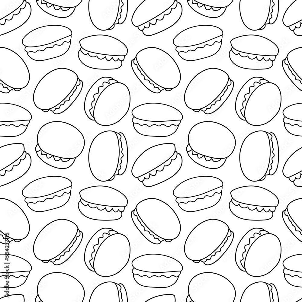 French macarons cookies doodle sketch seamless pattern. Hand drawn macaron sweet candy. Outline confection cakes background. Dessert pastry decor. Vector illustration. French macarons cookies doodle sketch seamless pattern. Hand drawn macaron sweet candy. Outline confection cakes background. Dessert pastry decor. Vector illustration.