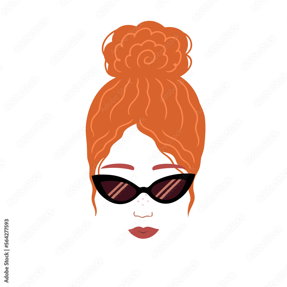 Red curly girl with retro sunglasses. Vector Illustration for backgrounds, covers and packaging. Image can be used for greeting cards, posters, stickers and textile. Isolated on white background. Red curly girl with retro sunglasses. Vector Illustration for backgrounds, covers and packaging. Image can be used for greeting cards, posters, stickers and textile. Isolated on white background.