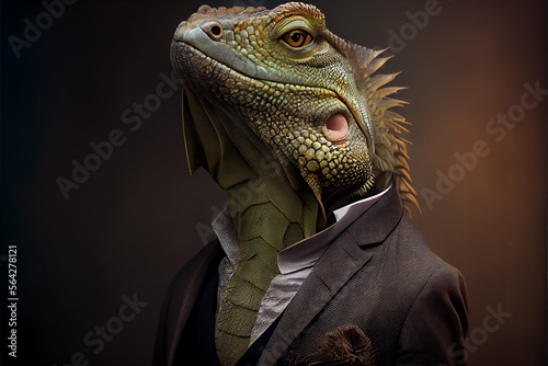 Portrait of a iguana dressed in a formal business suit. Generative AI