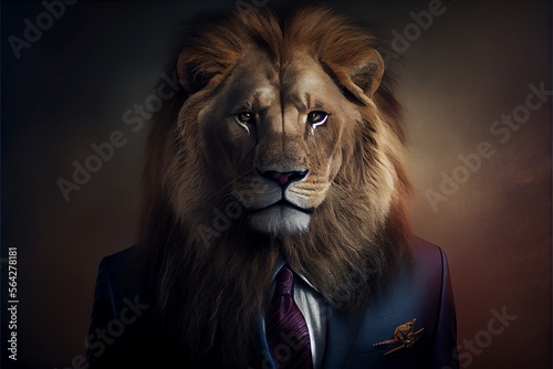 Portrait of a lion dressed in a formal business suit. Generative AI