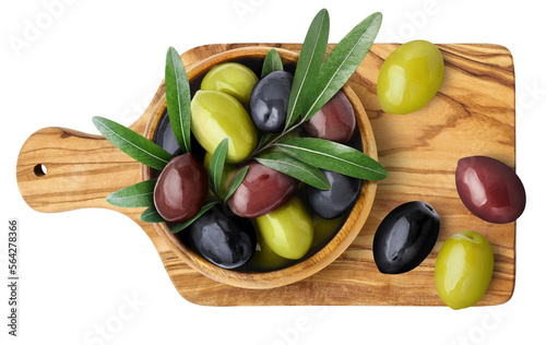 Green, black and brown olives with leaves on wooden board, cut out
