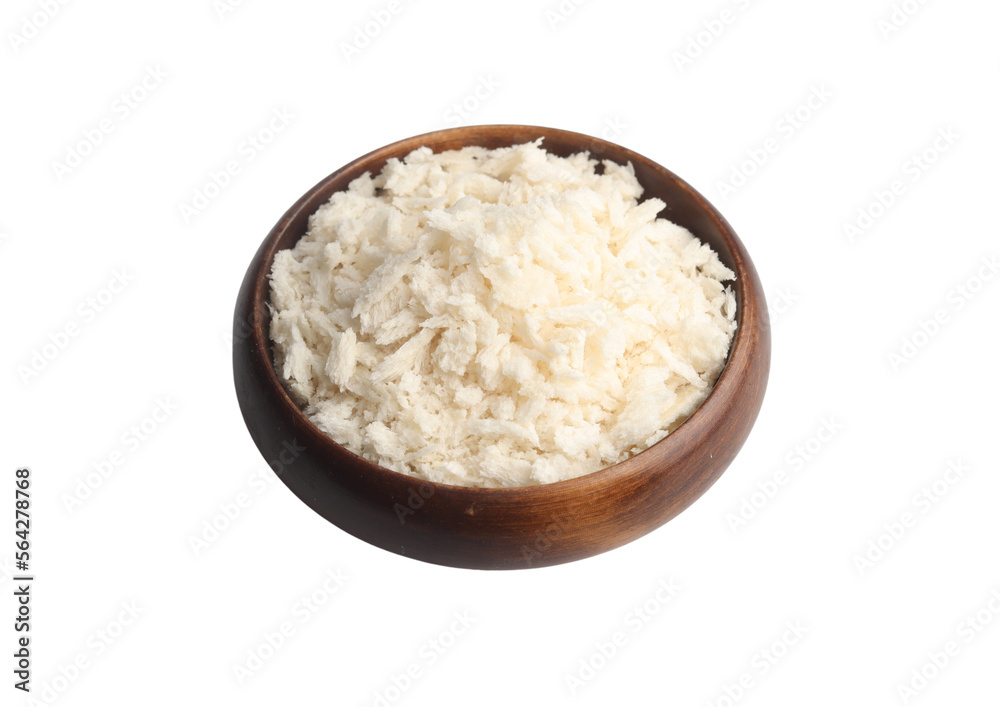 Bread crumbs for frying in wooden cup on white background Bread crumbs for frying in wooden cup on white background