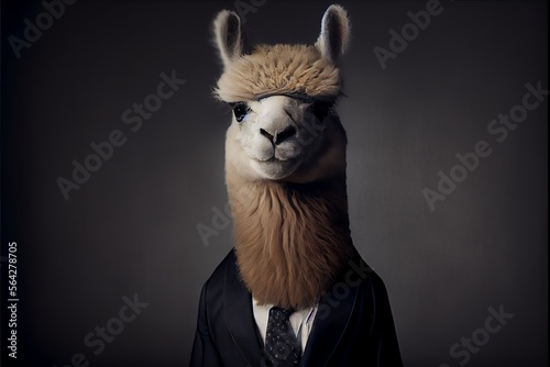 Portrait of a alpaca dressed in a formal business suit. Generative AI
