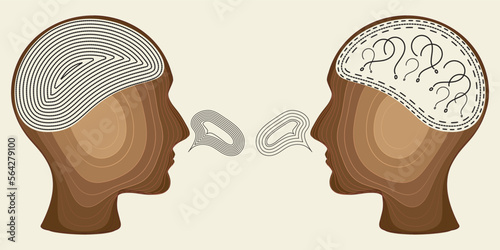 Two humans line design head silhouette psycho therapy concept. Therapist and patient. Vector illustration for psychologist blog or social media post. Mental health care. 