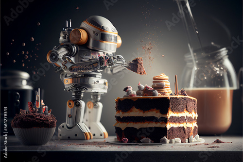 Small robot cooking delicious sweet, futuristic housekeeping job illustration. Generative AI 3d render photo