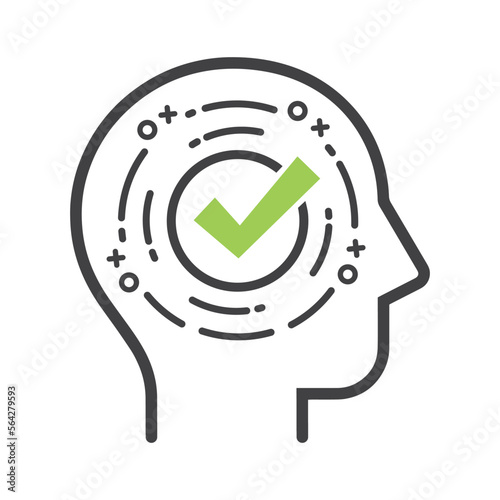 Human head silhouette and green checkmark icon. Tick in green circle.