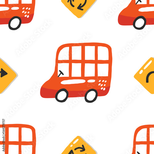 Cartoon seamless pattern with double decker bus. Cute childish background. Urban transportation with road signs. Colorful vector print. Kid backdrop for textile, fabric, paper, games, play mat