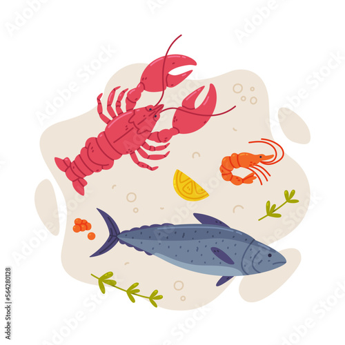 Tasty Seafood and Fresh Sea Product Vector Composition