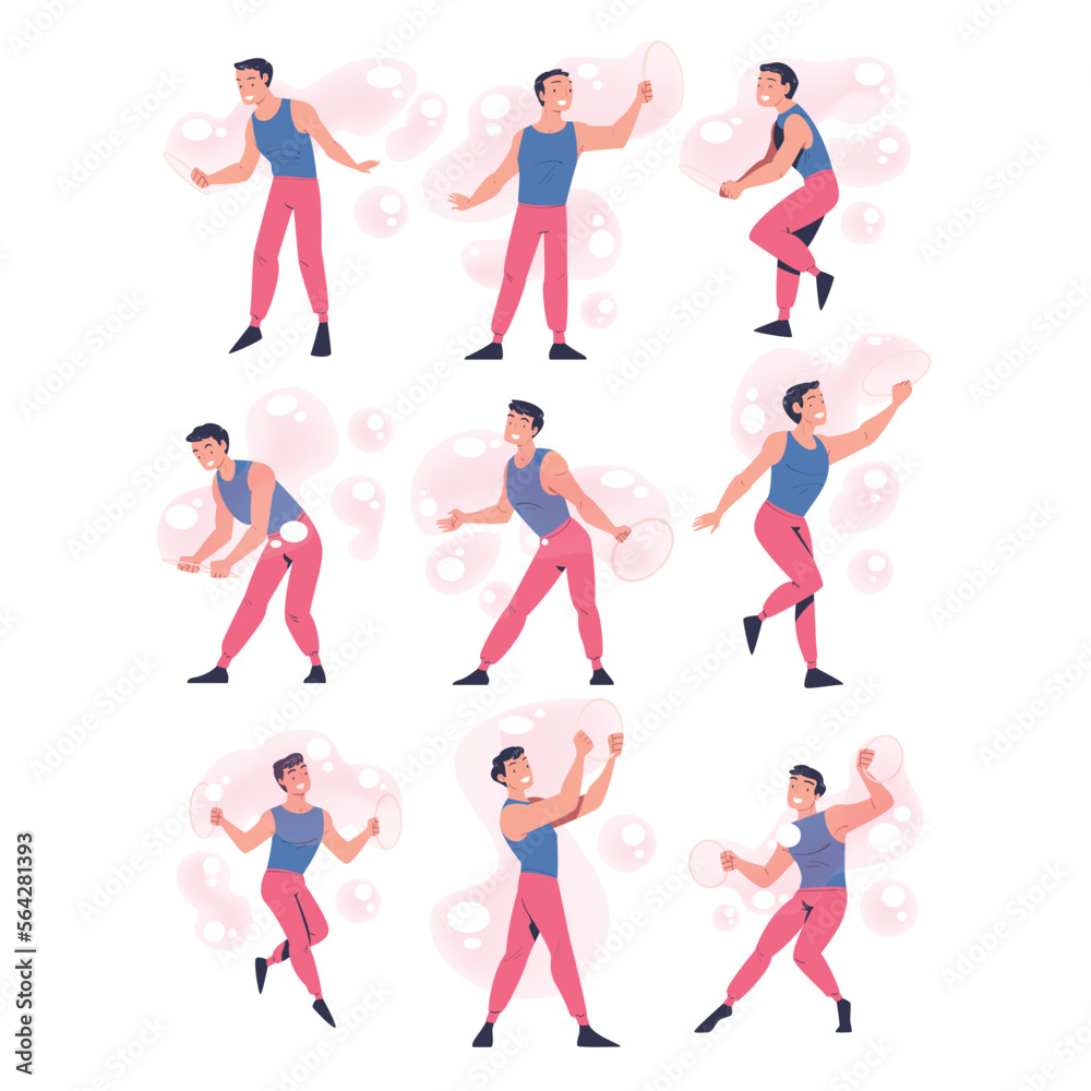 Man Performing Soap Bubble Show Making Liquid Sphere Vector Set Man Performing Soap Bubble Show Making Liquid Sphere Vector Set