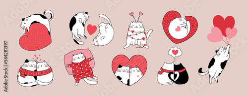 Hand drawn character collection with funny cute cats for Valentine's Day and Love.