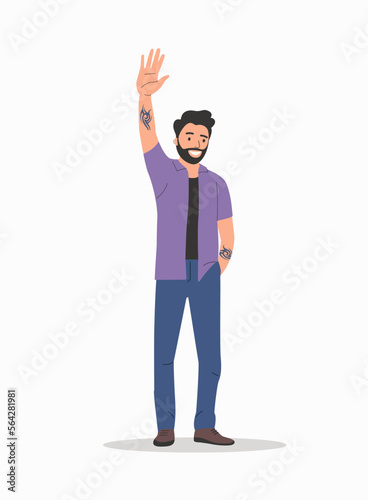 Young man waives hand in hello gesture while smiling cheerfully and holding hand in pocket. Man stand full body.Vector flat cartoon illustration