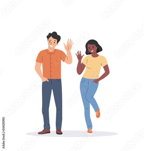 Young happy woman and man waives hands in hello gesture. People stand full body. Flat style cartoon vector illustration.