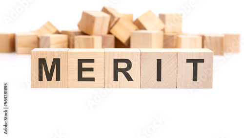 text MERIT made of wooden cubes and different words on white background