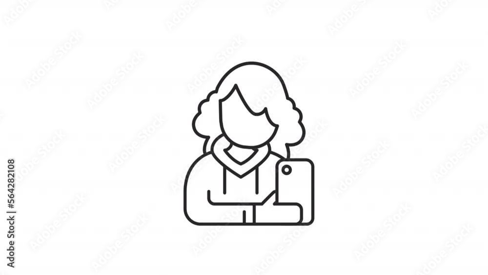 Animated girl with phone linear icon. Young boy with mobile phone. Girlhood. Age group. Seamless loop HD video with alpha channel on transparent background. Outline motion graphic animation Animated girl with phone linear icon. Young boy with mobile phone. Girlhood. Age group. Seamless loop HD video with alpha channel on transparent background. Outline motion graphic animation