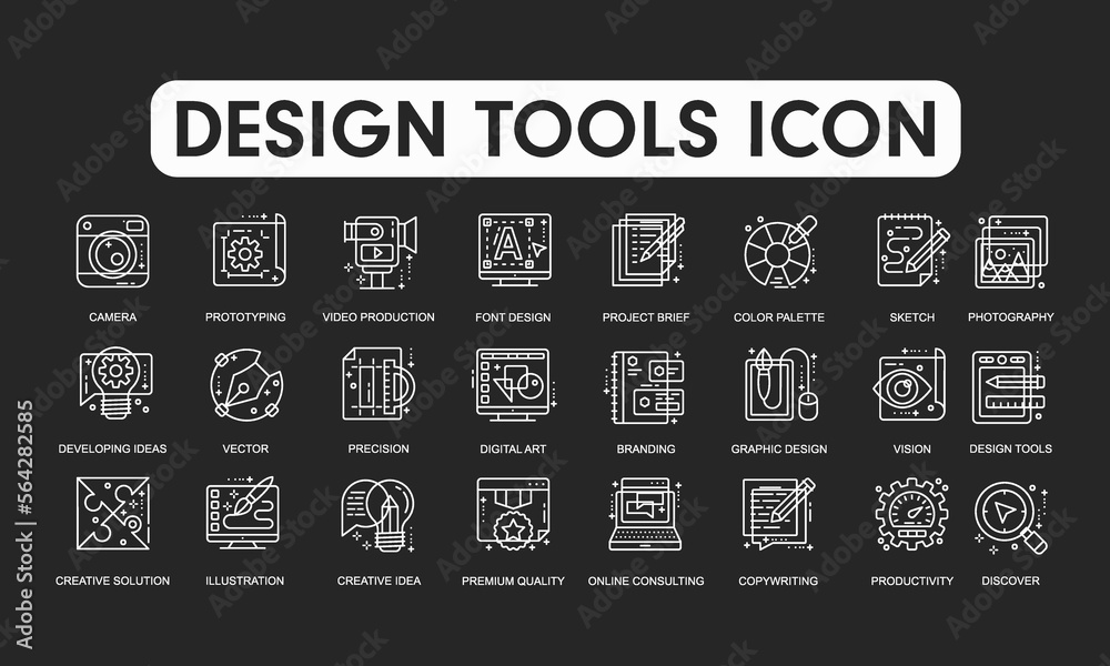 Digital design line icon set. Included icons such as a graphic designer, layout, tablet, mobile app, web design, development, and many more.