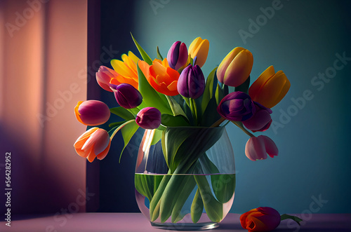 bouquet of tulips in vase on background of interior