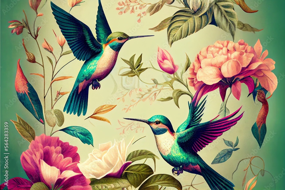 Vintage floral pattern with hummingbirds. Generative AI