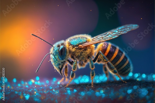 bee, honey, close up, bee, macro, nectar, insect, nature, yellow, pollen, photo, macro photography, bug, closeup, studio lighting, neon, rgb, glamour, glitter, generative ai, generative, ai, wing, clo © Roman