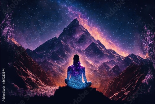 Meditation on mountains peak enlightenment samadhi illustration generative ai
