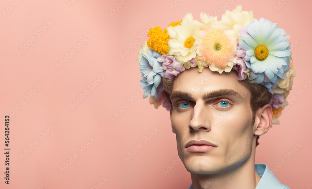 Love, beautiful man portrait in vivid, fresh, Spring, flowers, god in costume of Spring. Pastel background. Valentine's Day, Illustration boy, Generative AI.