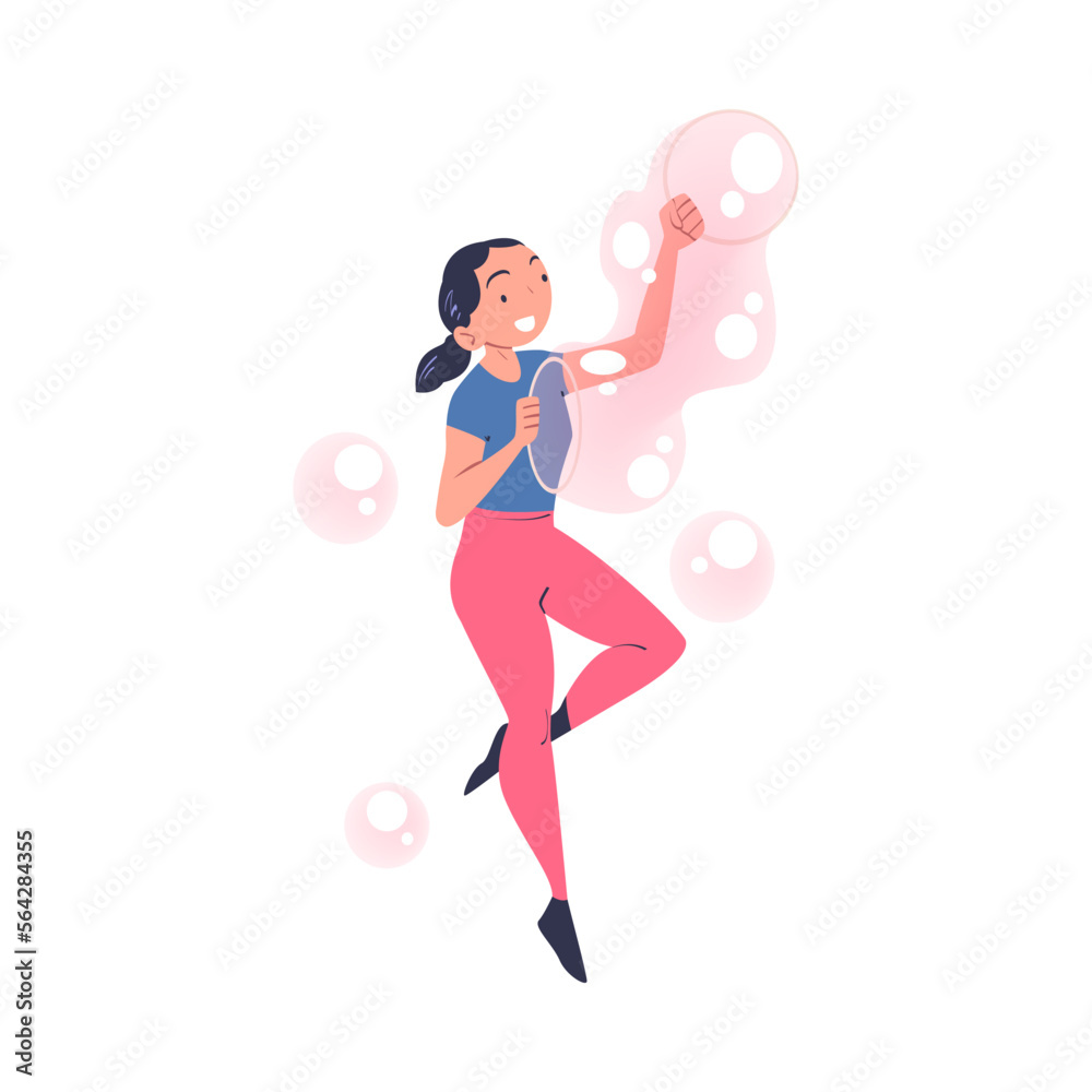 Happy Woman Performing Soap Bubble Show Making Liquid Sphere Vector Illustration Happy Woman Performing Soap Bubble Show Making Liquid Sphere Vector Illustration