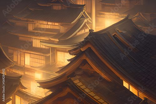 View of traditional Japanese architecture lit up at night. The intricate details of the wooden structure are highlighted by the warm glow of lights.