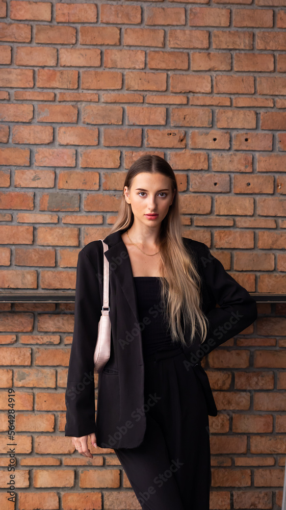 Portrait beautiful business woman model posing on red Brick wall Portrait beautiful business woman model posing on red Brick wall