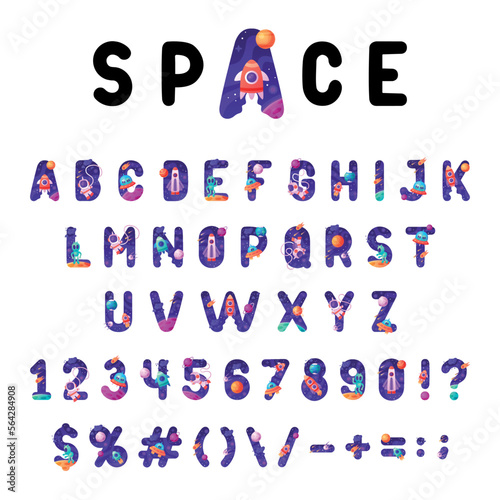 Space Font and Alphabet with Cosmic Capital Letters and Numbers Vector Set