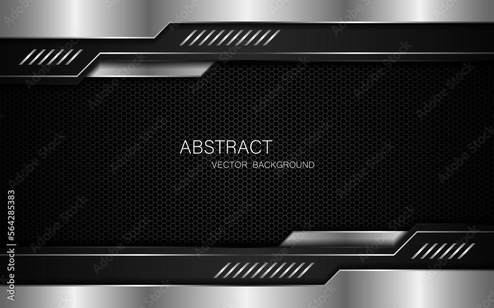 Abstract black and silver polygons on dark steel mesh background. with free space for design. modern technology innovation concept background
